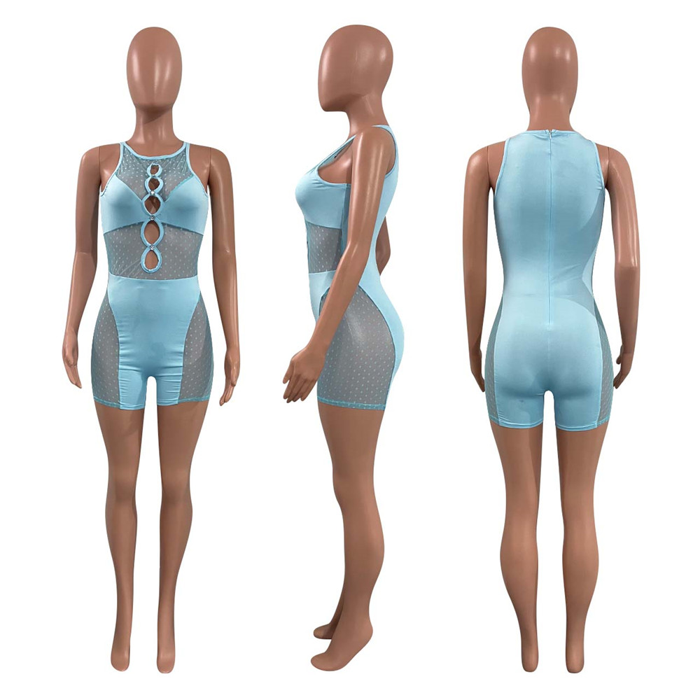 2023 Designer Sexy Mesh Patchwork Rompers Women Cut Out Tank Sleeveless Playsuits Summer Bodycon Jumpsuits See Through Bodysuits Clubwear Wholesale 96