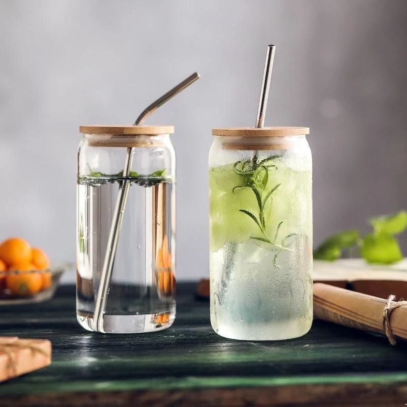 USa/ca Warehouse 16oz Sublimation Glass Beer Mugs with Bamboo Lid Straw DIY Blanks Frosted Clear Can Shaped Tumblers Cups Heat Transfer Cocktail NEW