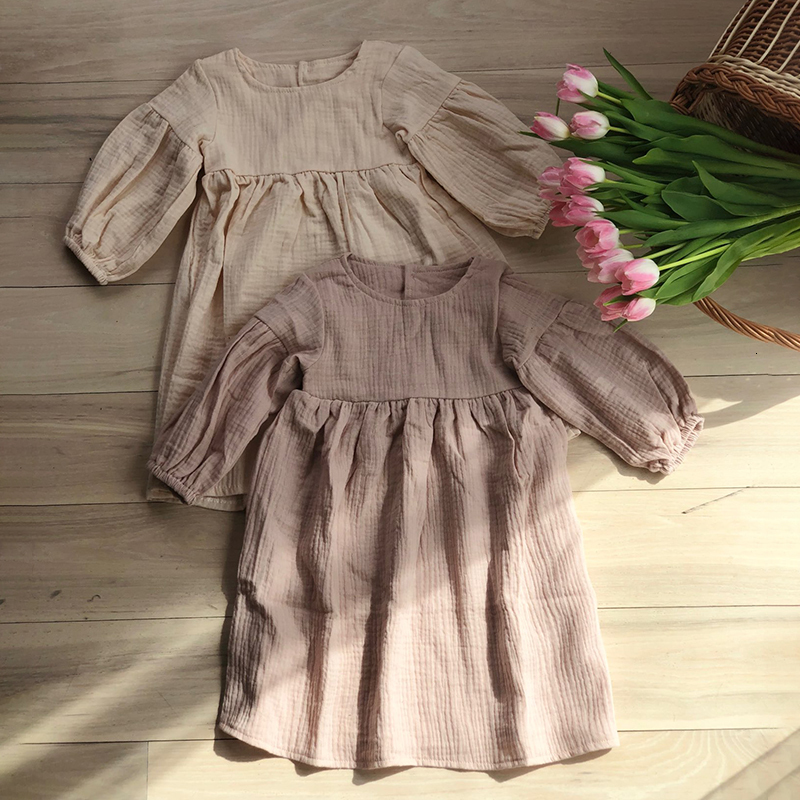 Girl's Dresses Autumn Spring Children's Clothing Organic cotton Double Gauze Loose Pocket Baby Girls Dress Fashion Princess Casual Children&
