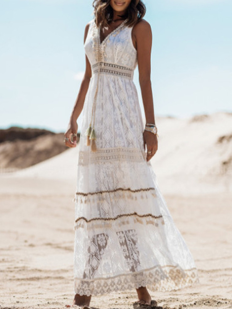 Casual Dresses Summer Bohemian Long Dress Women's Lace V-Neck Spaghetti Shoulder Strap Dress Women's Shoulder Beach Sun Dress White Dress Ve