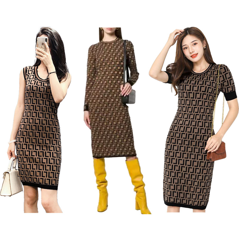Classical Pattern Casual Dresses Women vintage Knit Dress Fashion Letter women Pattern knitted long Sleeve Womens Clothing crew neck autumn knits