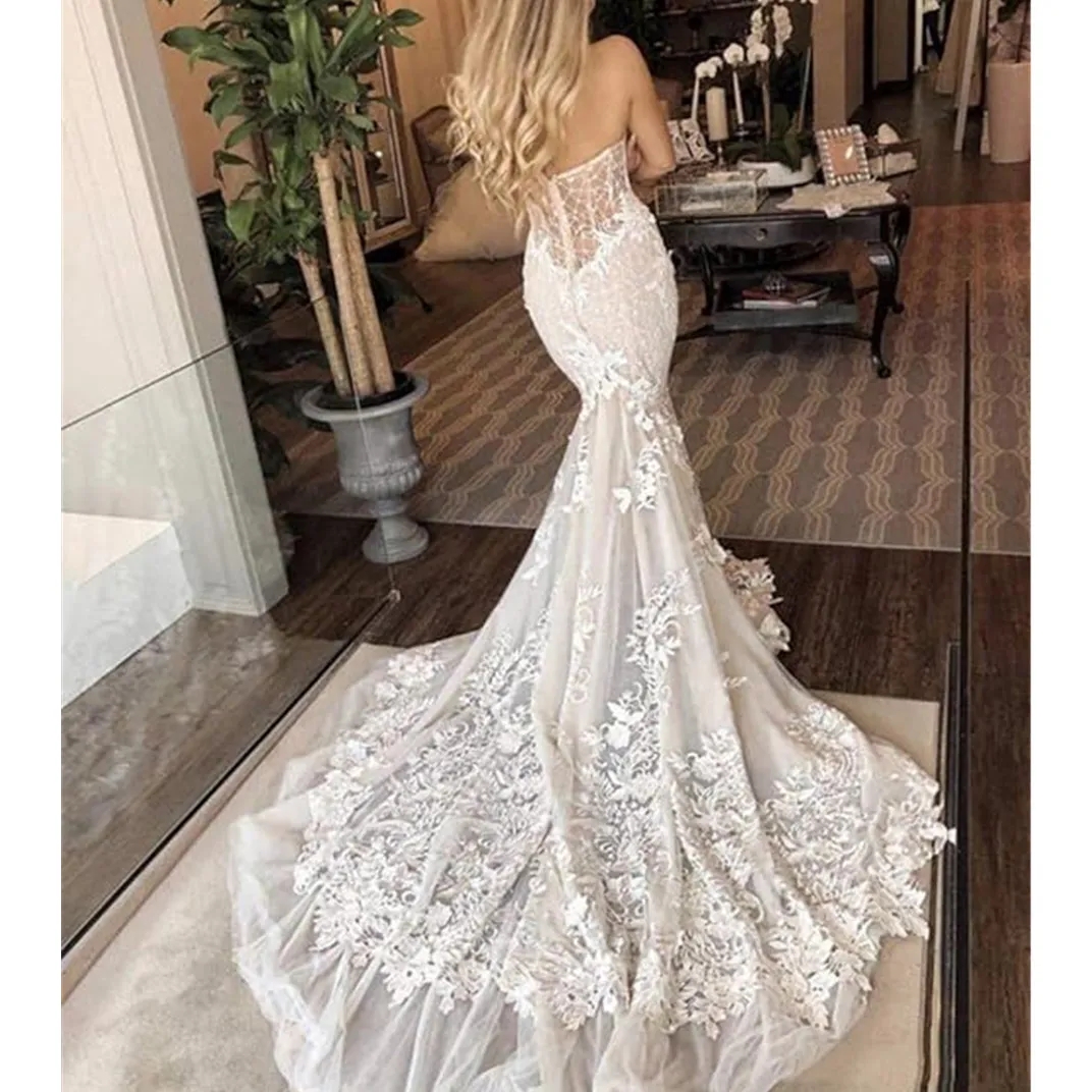 Sweetheart Sleeveless Wedding Dresses Lace Appliques Mermaid Bridal Gowns Wedding Party Brides Gown Plus Size Vestidos De Novia
