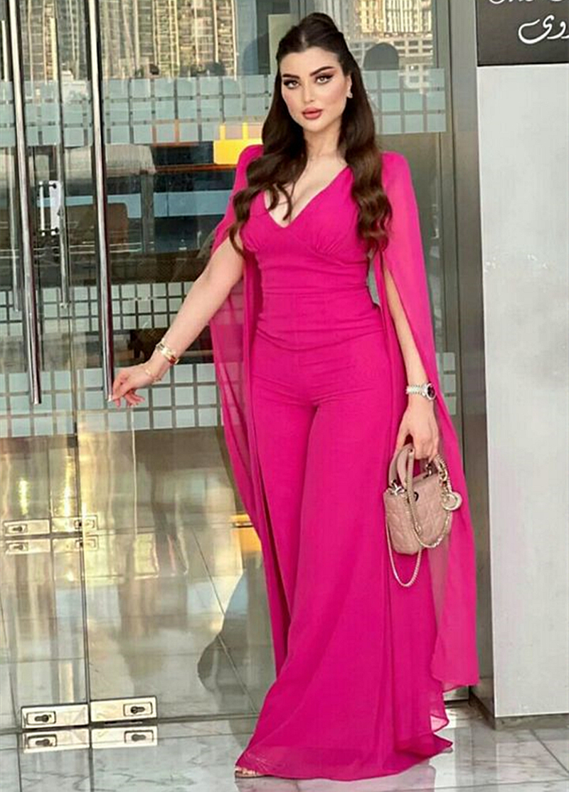Elegant Arabic Fuchsia Women Jumpsuits Prom Dresses 2024 Cape Sleeves V-Neck Formal Party Gowns Simple Chiffon Evening Occasion Wear