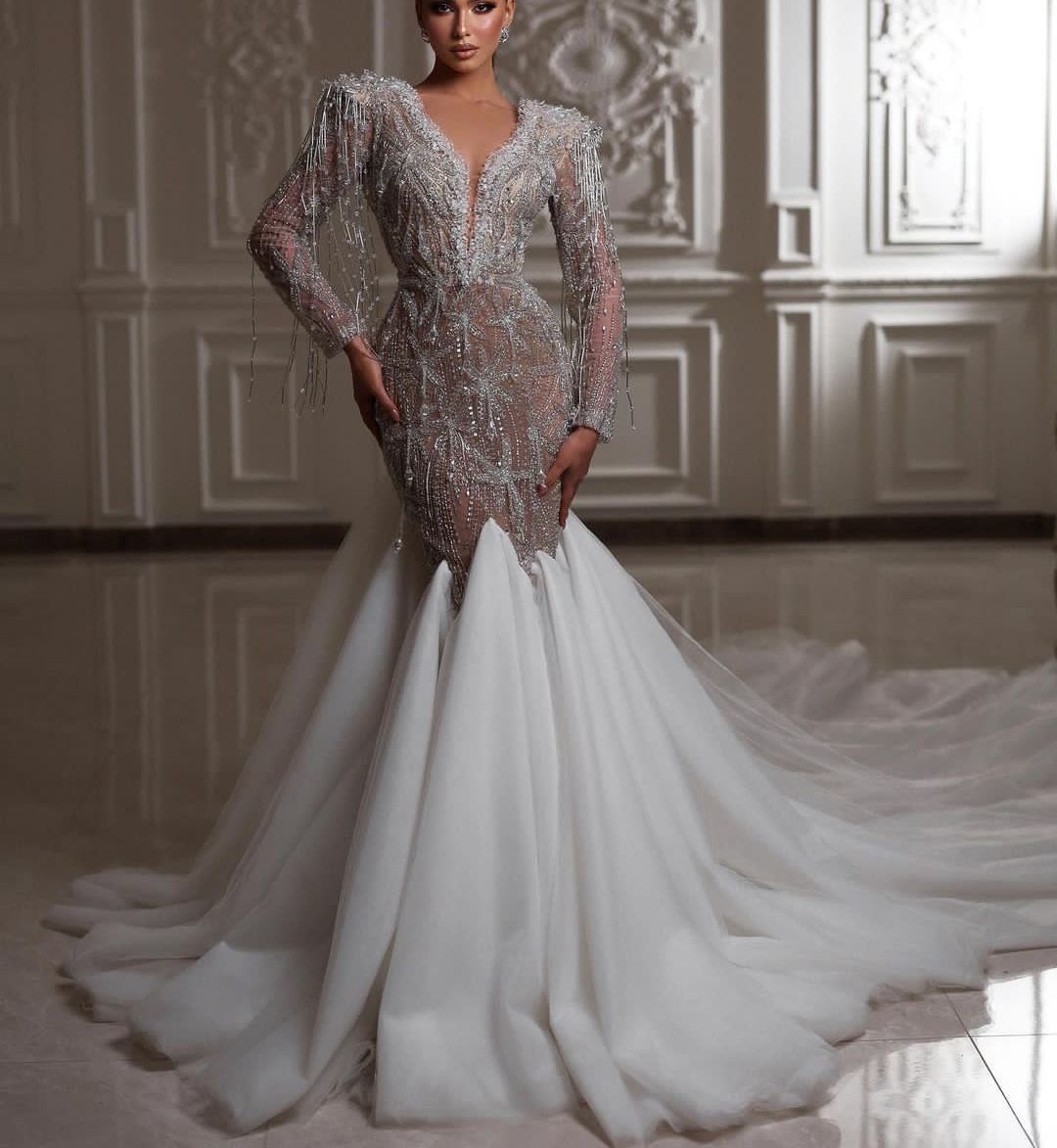Sexy Mermaid Wedding Dresses Long Sleeves V Neck Appliques Sequins Beaded Ruffles Diamonds Lace Train Hollow Floor Length Bridal Gowns Custom Made abi
