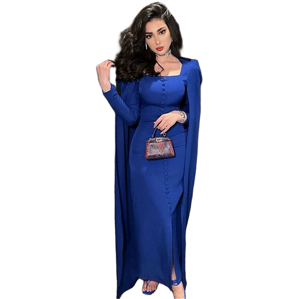 Elegant Royal Blue Sheath Evening Dresses With Cape Long Sleeves Square Neck Front Split Simple Prom Dress Covered Button 2024 Dubai Women Formal Occa