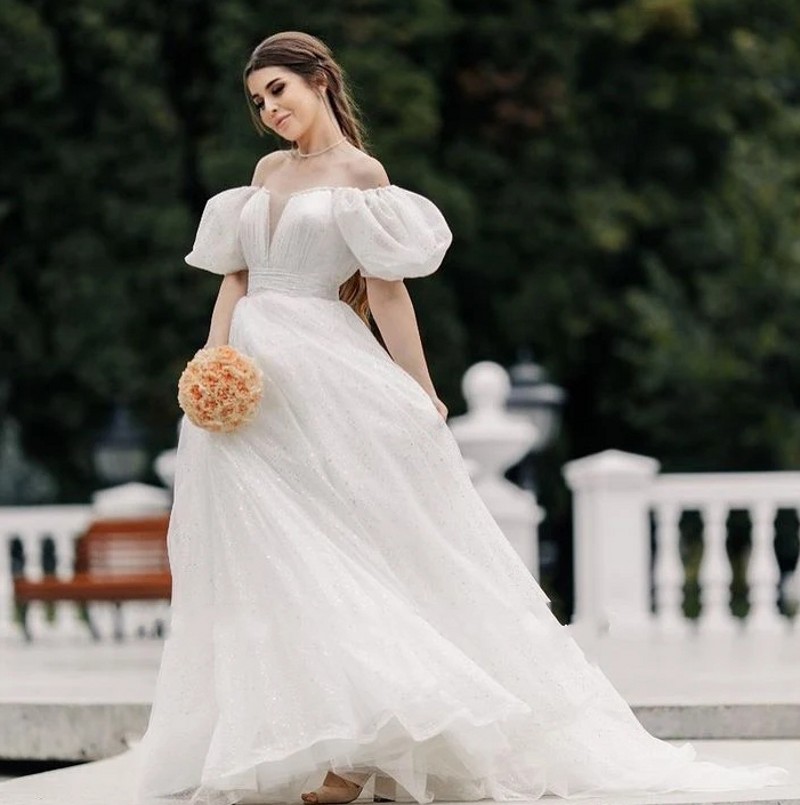 2024 Glitter A Line Wedding Dress with Detachable Skirt Off Shoulder Short Puff Sleeves Bridal Party Gowns Princess Robe De Mariage