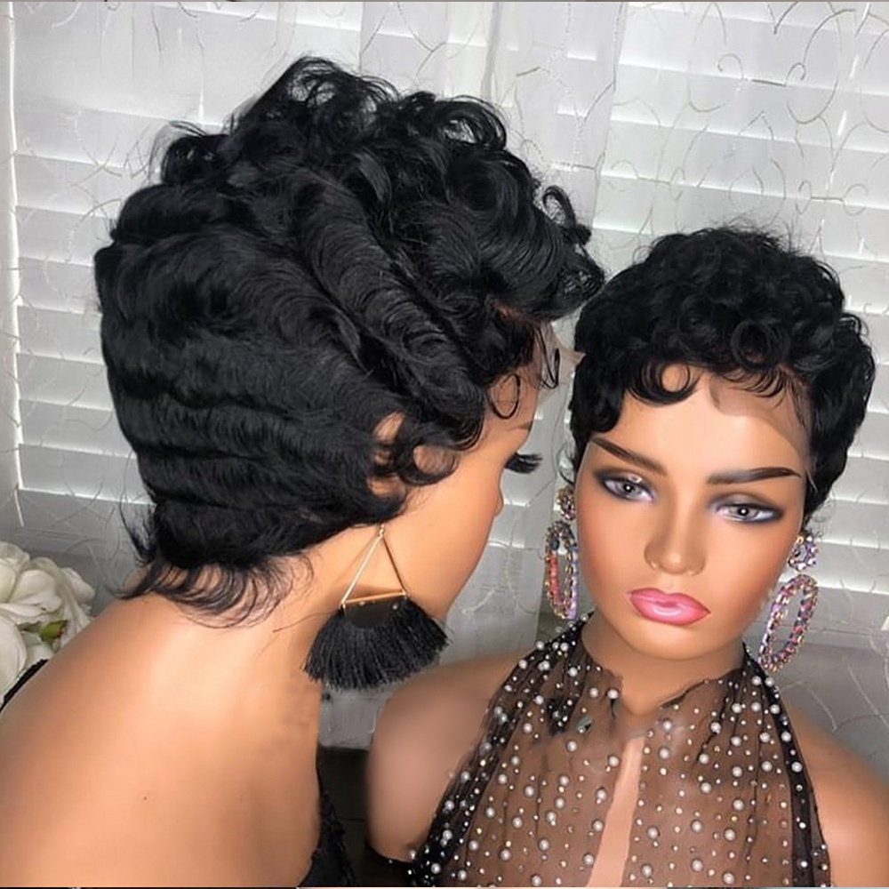Ombre Brown Color Short Pixie Cut Wig Cheap Human Hair Wigs Straight Bob Wigs With Bangs Full Lace Front Human Hair for Black Women