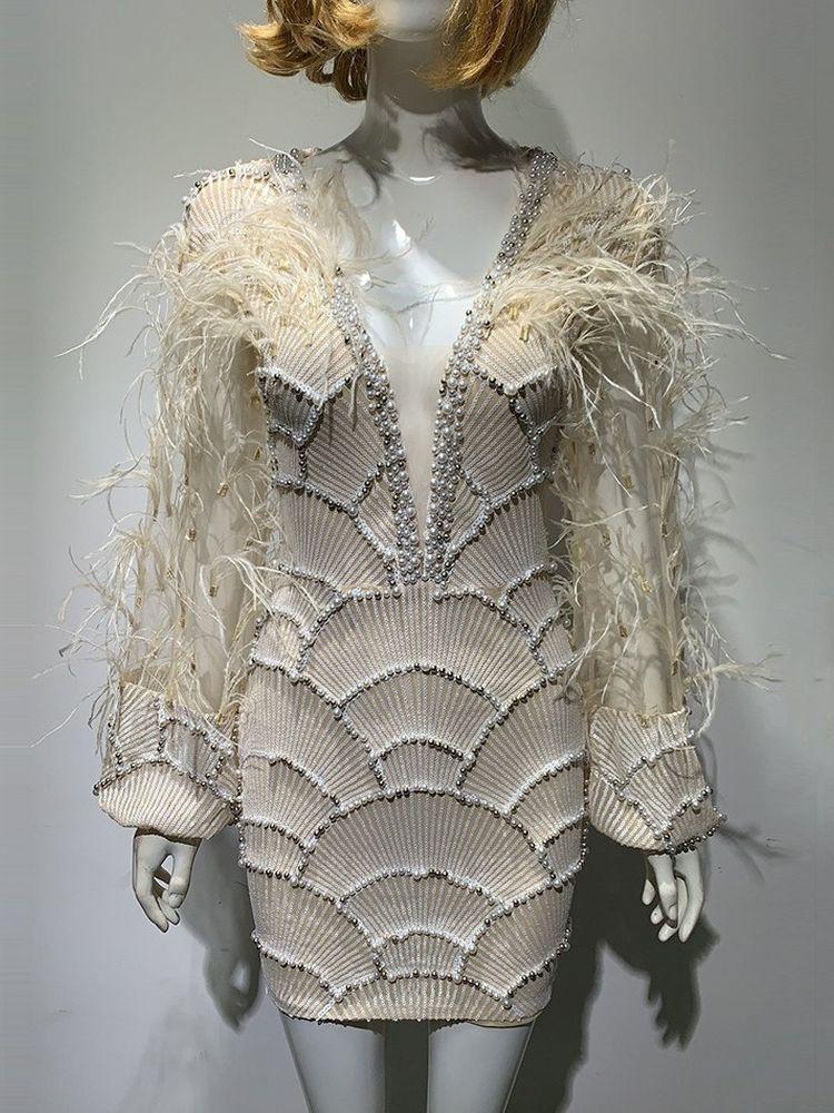 Casual Dresses Women's Sexy V-neck Beaded Dress Long Sleeve Feather Wine 2023 Fashion Luxury Dubai Party DressCasual