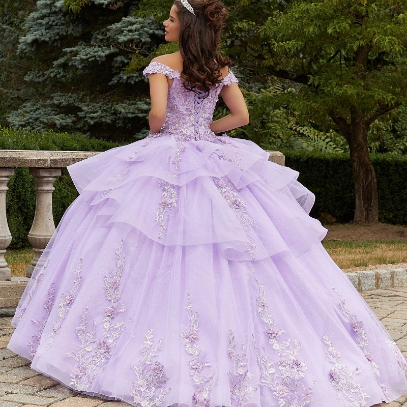 Lavender Dresses Off the Shoulder Sweet 16 Gowns 3D wer Applique Beads Tull Vestidos 15 De Quinceanera