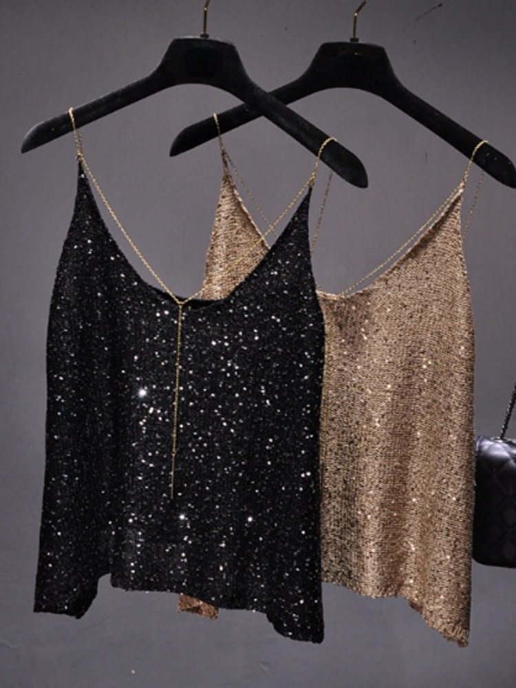 Camisoles Tanks Summer Spaghetti Strap Sequin V-neck Tank Top Metal Chain Sexy U-shaped Back Top Girls' Casual Loose Tank Top Coat 230407