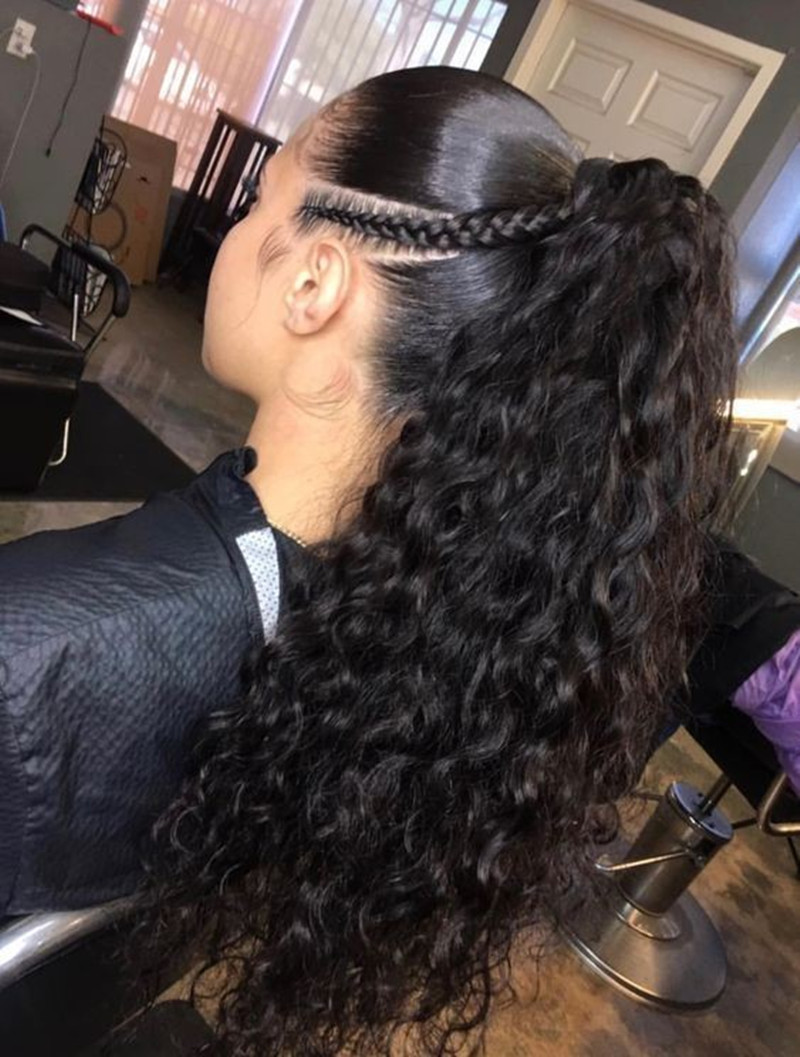 Fashion youg girl curly ponytail braided deep wave drawstring ponytail hairpiece 100g-160g clip in brazilian hair ponytail extension natural black 1b