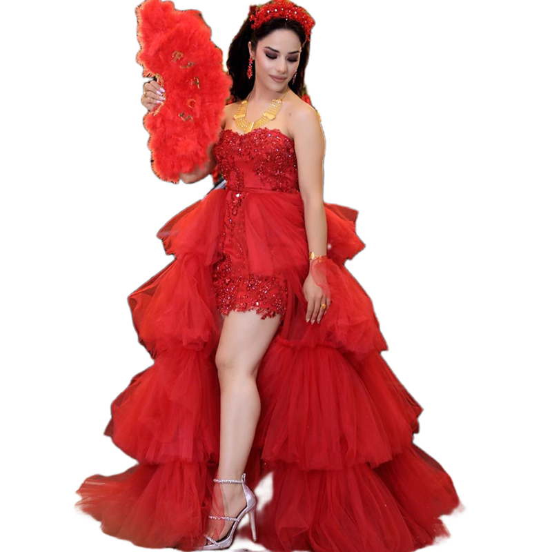 Chic Red Short Mini Sheath Prom Dresses With Detachable Skirt Lace Beaded Tiered High Low Sleeveless Turkey Arabic Formal Brithday Party Evening Gowns