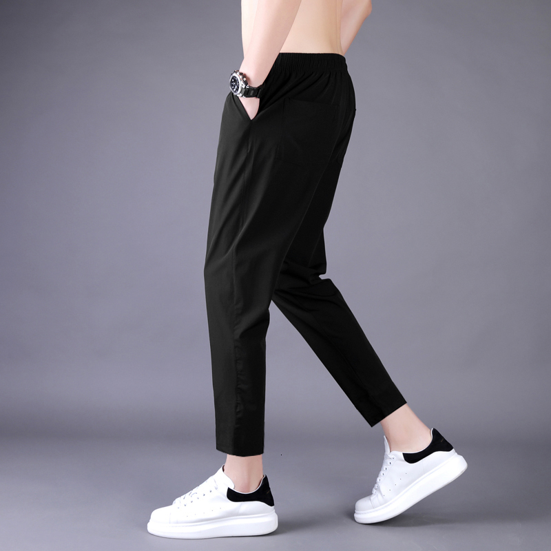 Men's Pants Men's Summer Thin Pants Korean Trend Nine Straight Tube Loose Ice Silk Elastic Sports Pants 230407