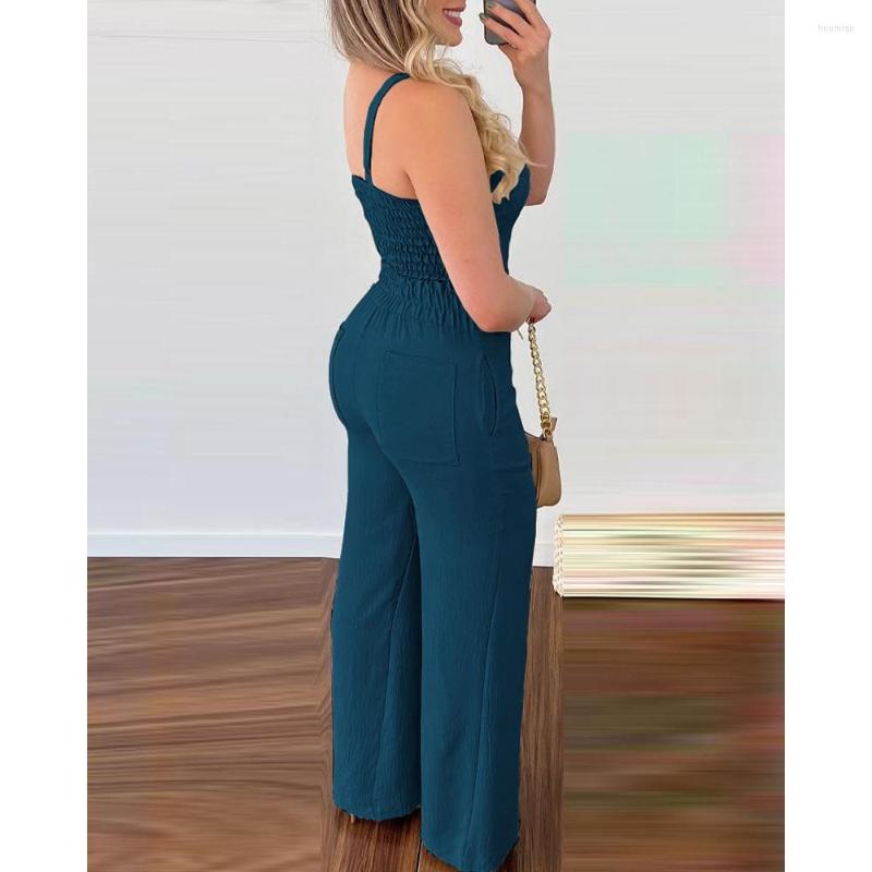 Women's Two Piece Pants 2023 Casual Women Shirred V-Neck Spaghetti Strap Cami Top High Waist Tied Detail Wide Leg Sets 2 Pieces Woman