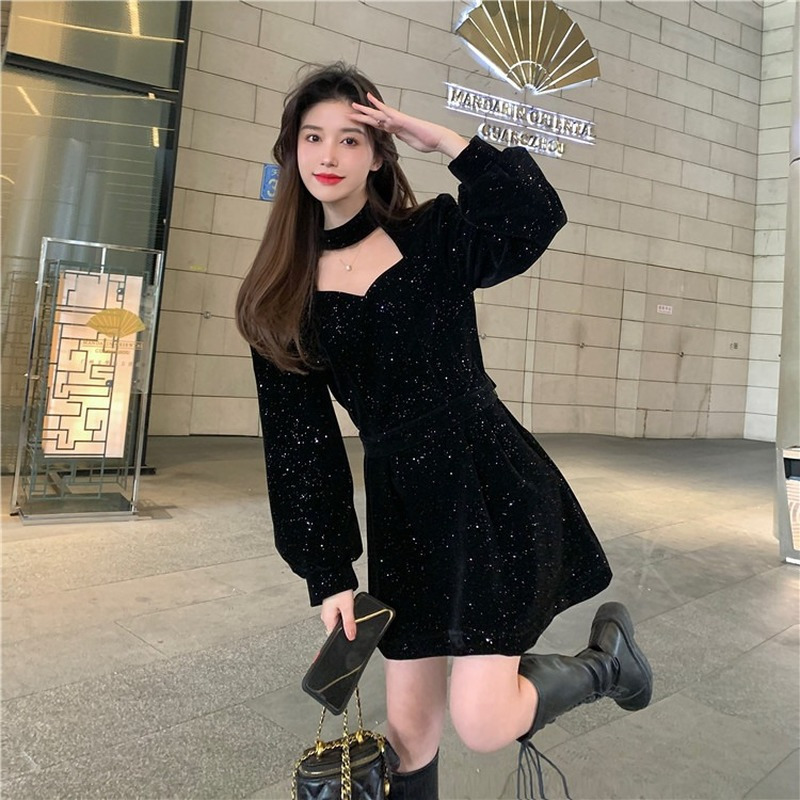 Casual Dresses Red Velvet Elegant Party Mini Dress Women's Sequin Long Sleeve Wram Vintage Dress Women's Casual Korean A-line Dress Year 230