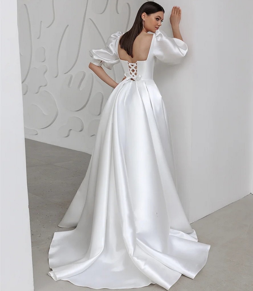 Fashion Square Neck Satin Wedding Dress Puff Sleeve Princess A-Line Bridal Formal Gowns Vestidos De Novia