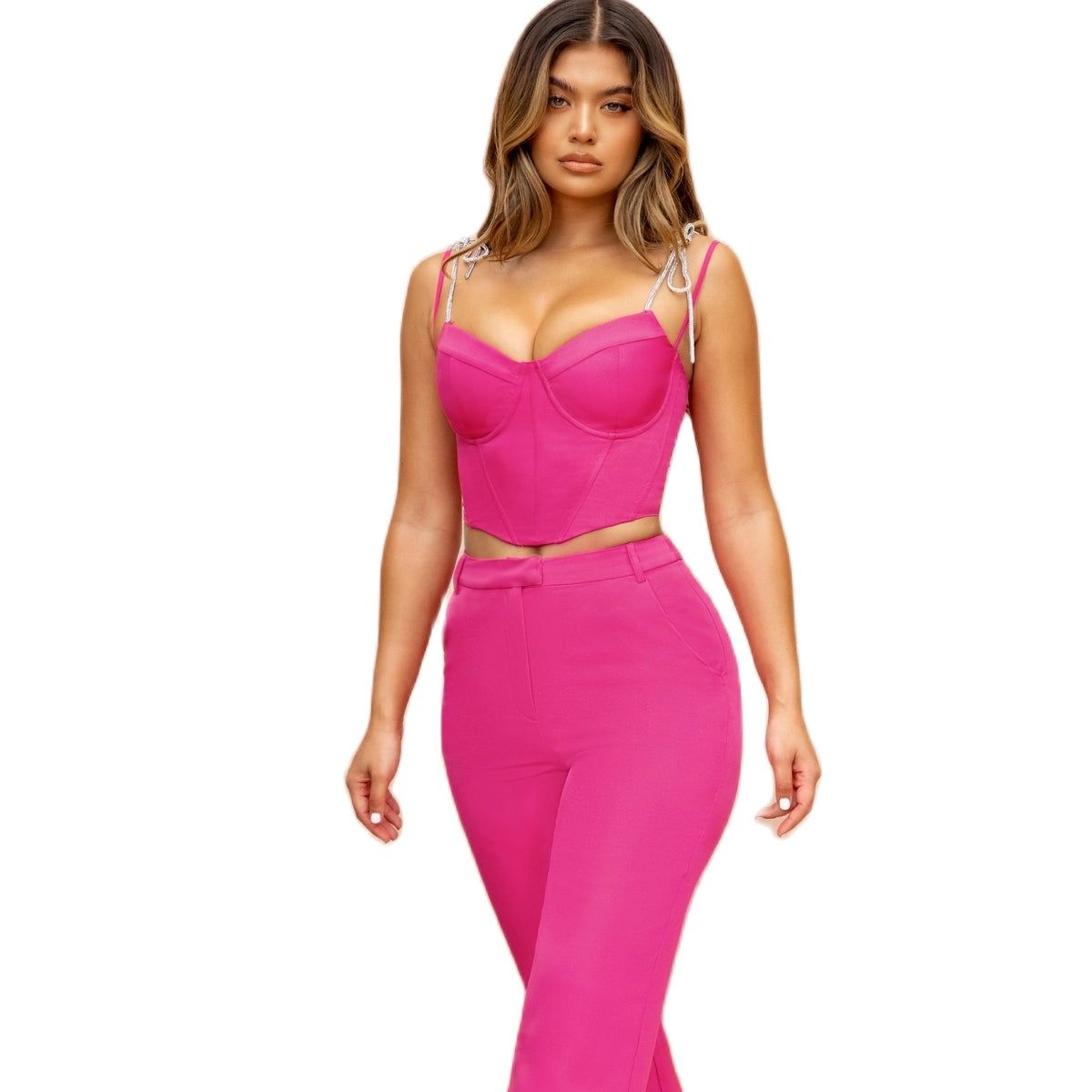 Summer Fuchsia Women Pants Suits Celebrity Lady Customization Evening Party Blazer Wear Lace Tops 2 Pieces