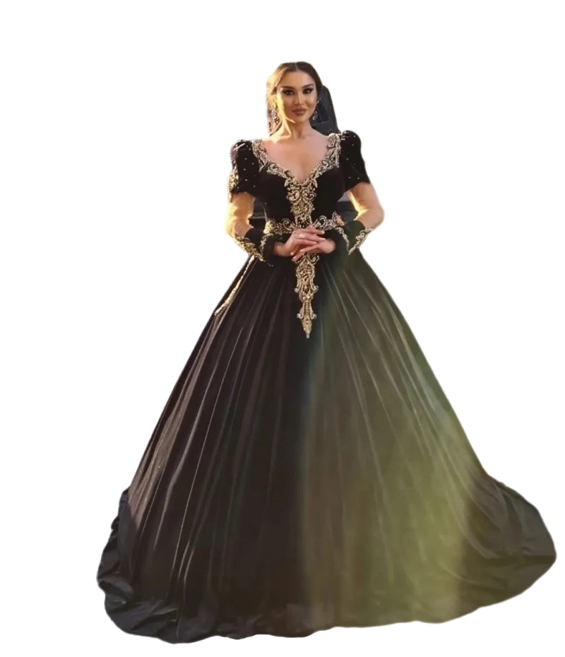 Albanian Robes Long Sleeve Prom Occasion Dresses 2023 Black Gold Lace Beaded Traditional Kosovo Evening Reception Gowns