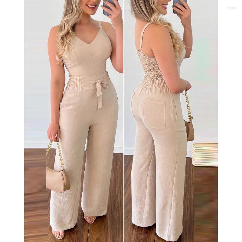 Women's Two Piece Pants 2023 Casual Women Shirred V-Neck Spaghetti Strap Cami Top High Waist Tied Detail Wide Leg Sets 2 Pieces Woman