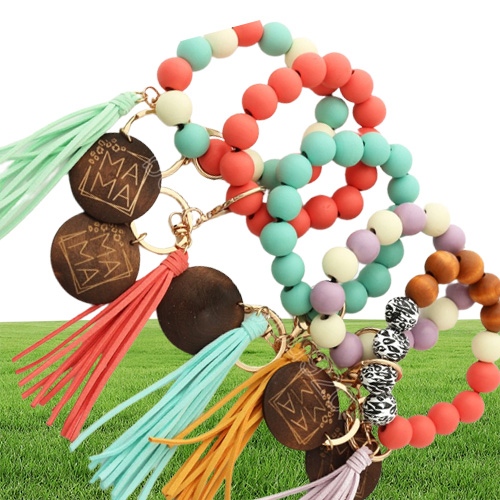 MOTHER039s Day Letters Printing Wooden Silicone Bead Bracelet keychain Fashion Cnady Color Leopard Wristlet Beads Womens Bracel