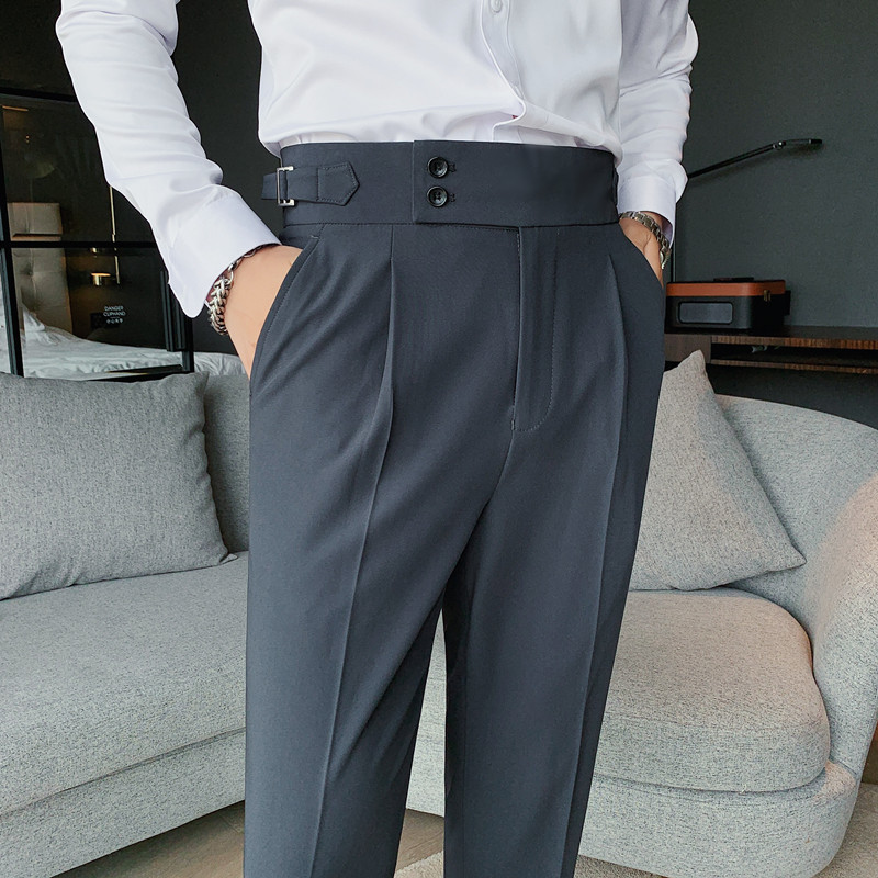Men s Pants British Style Autumn Solid High Waist Trousers Men Formal Quality Slim Fit Business Casual Suit Hommes 230407