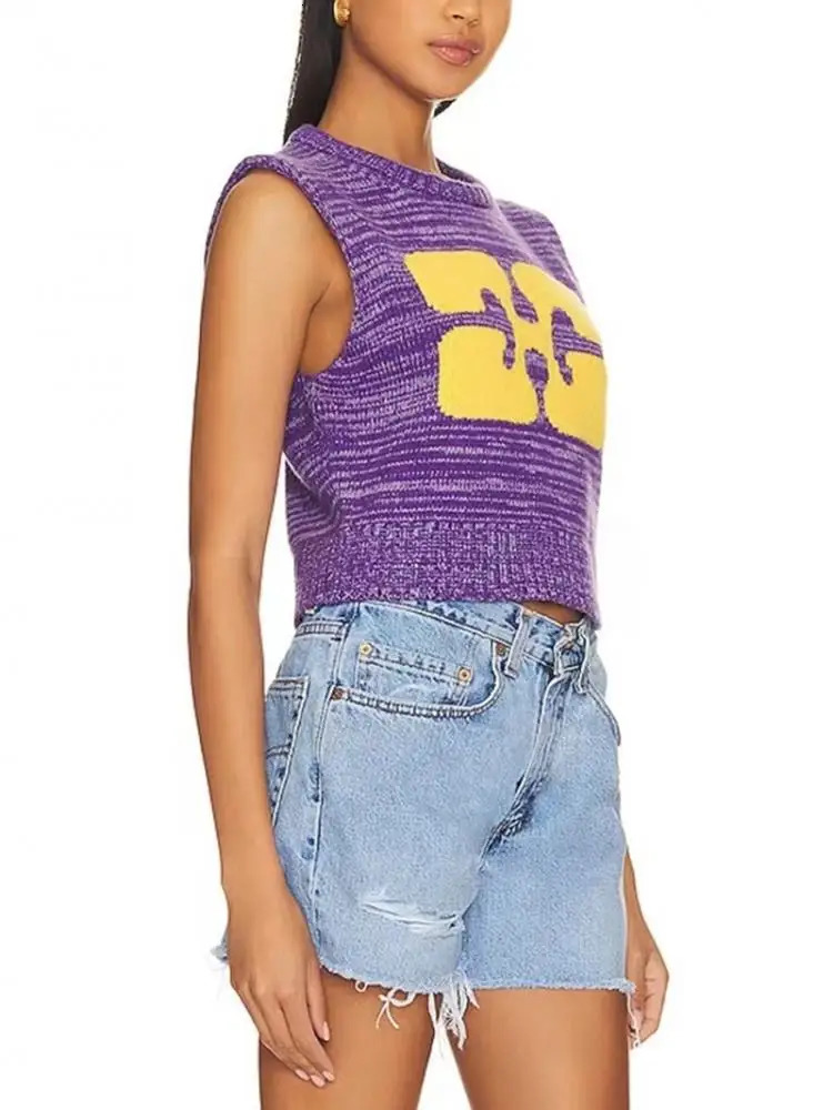 Women s Sweaters Fashion Ladies Round Neck Sleeveless Knit Tank Top 2023 Yellow Print Purple Short Vest Summer Versatile 231107