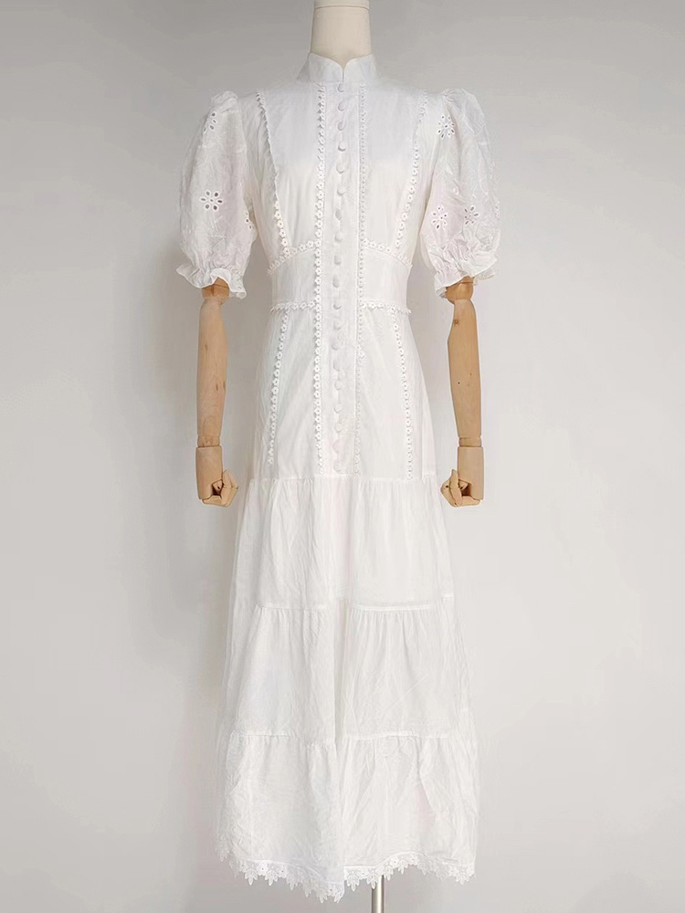 Casual Dresses VGH women's casual solid dress standing neck short sleeved puff sleeves high waist stitching work lace long dress women's fas