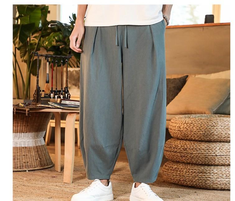 Men's Pants Loose fitting men's cotton linen pants Summer solid color breathable linen pants Men's casual elastic waist fitness pants P