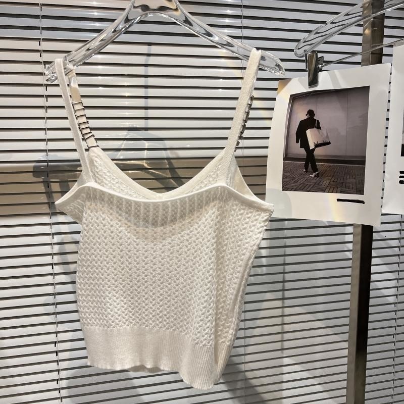 Camisoles Tanks PREPOMP Summer Arrival Sleeveless V Neck Metal Letters Shoulder Strap Slim Knitted Tank Top Women Vest GF043 230421