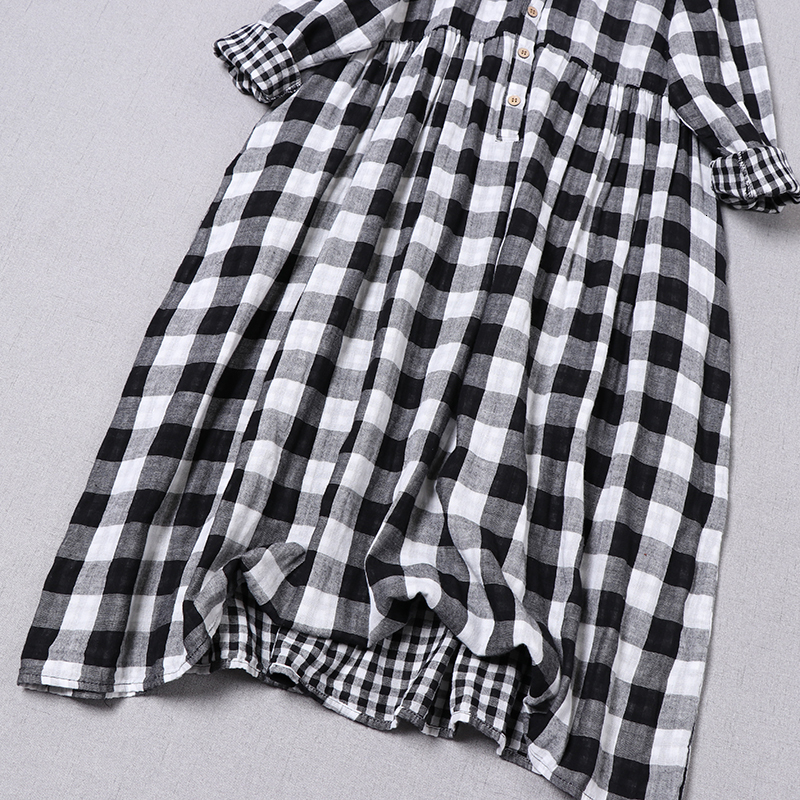 Casual Dresses Japanese Literature Women's Black and White Large Flat Spring Cotton Dress Long Sleeve Midi Dress 230407