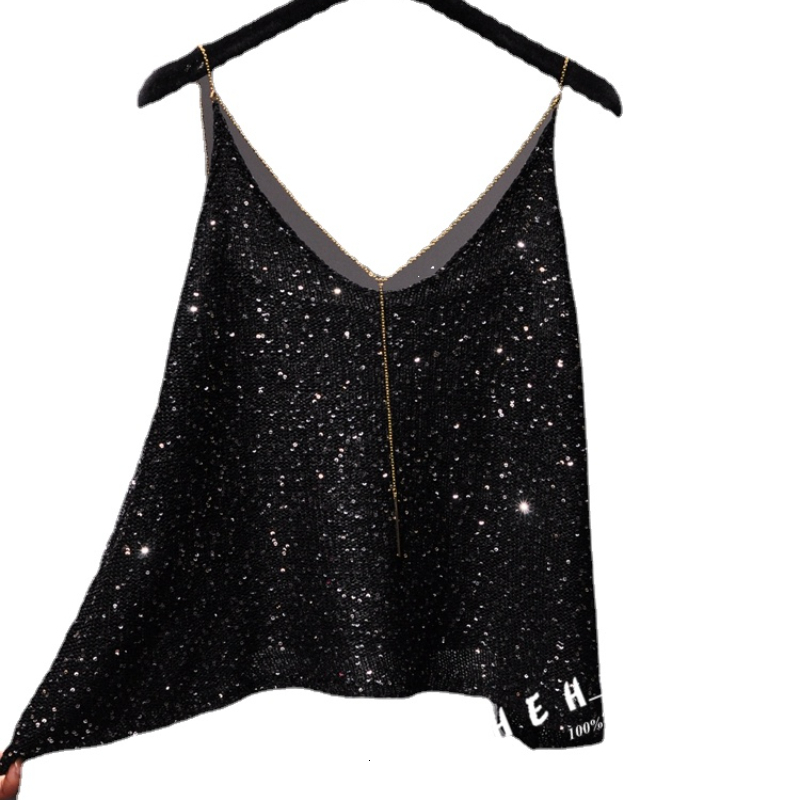 Camisoles Tanks Summer Spaghetti Strap Sequin V-neck Tank Top Metal Chain Sexy U-shaped Back Top Girls' Casual Loose Tank Top Coat 230407