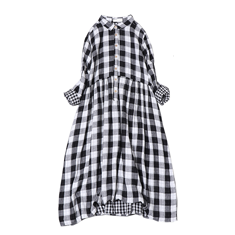 Casual Dresses Japanese Literature Women's Black and White Large Flat Spring Cotton Dress Long Sleeve Midi Dress 230407