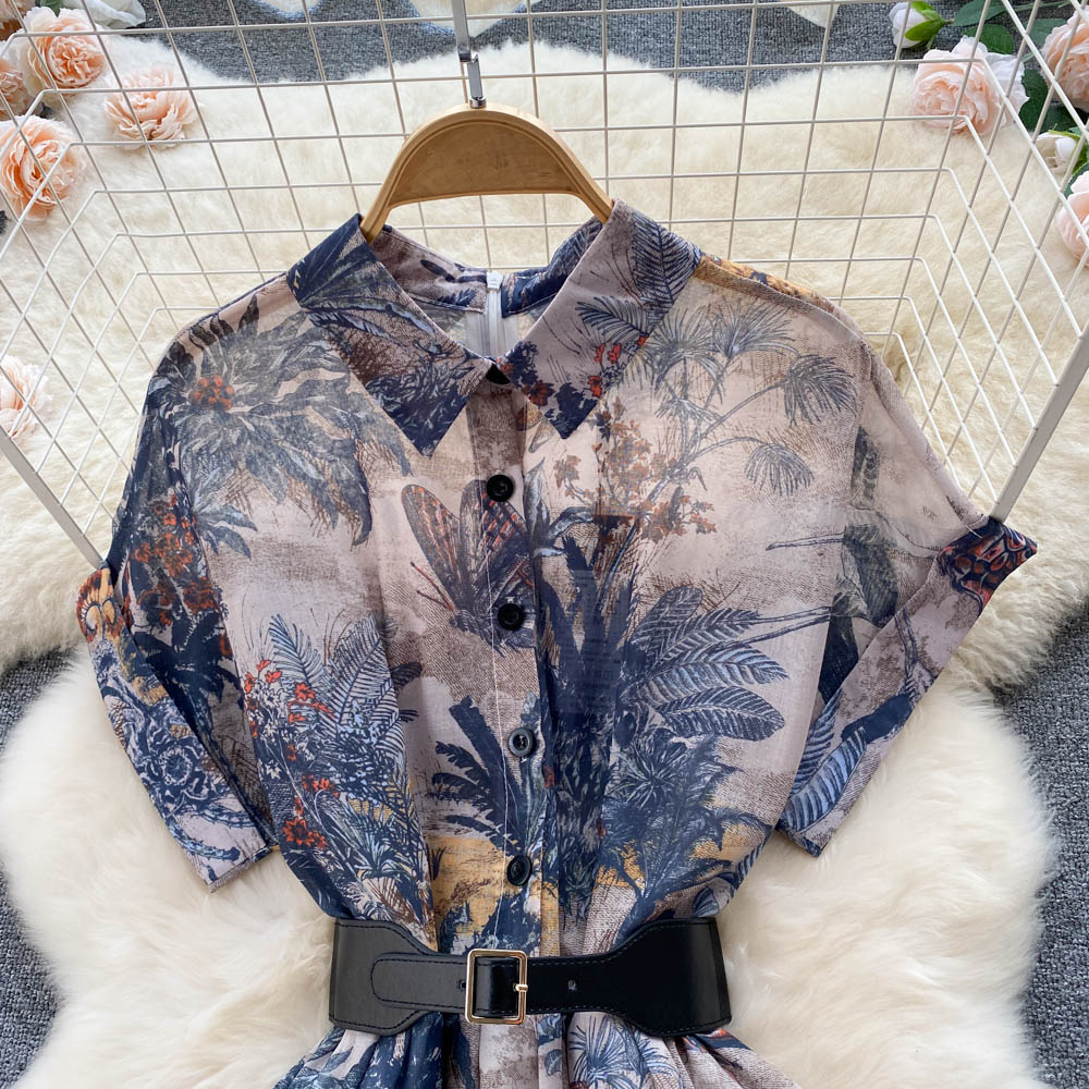 Summer High-class sense of celebrity temperament dress ink painting printing waist Lapel single breasted A-line large swing skirt