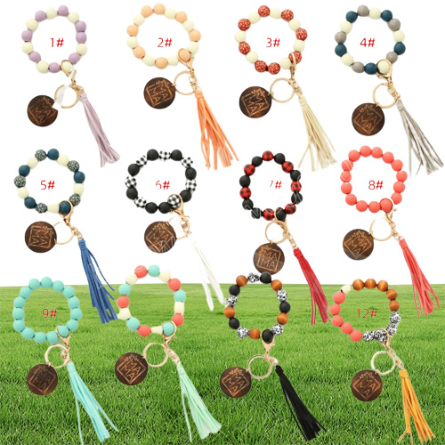 MOTHER039s Day Letters Printing Wooden Silicone Bead Bracelet keychain Fashion Cnady Color Leopard Wristlet Beads Womens Bracel