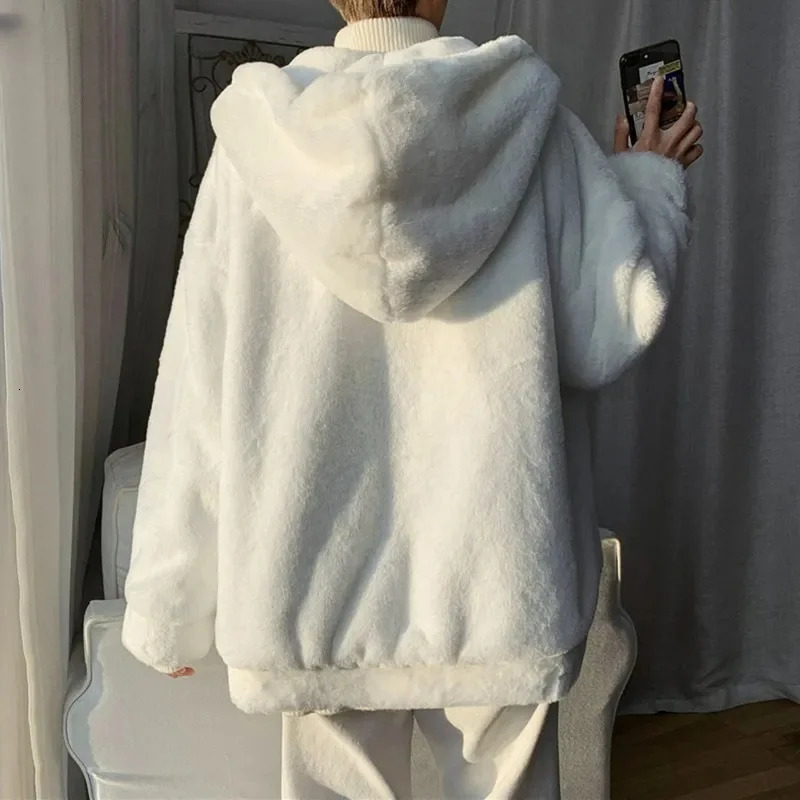 Men's Jackets Winter Oversized White Faux Fur Coat Men with Hood Long Sleeve Zipper Casual Loose Fluffy Jacket for Style 2024 231107