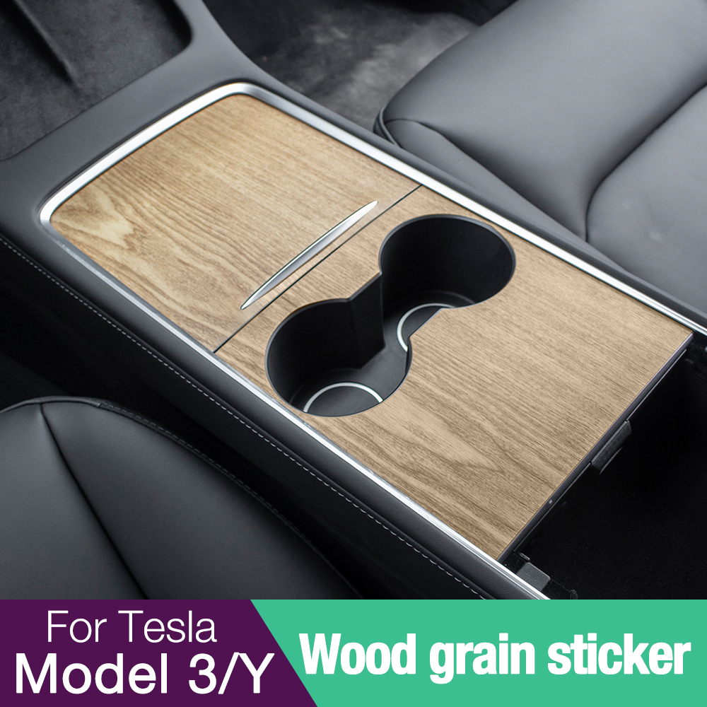 New Car Central Control Panel Sticker Trim For Tesla Model 3 Y 2021 2022 Interior Wood Grain Center Console Film Carbon Control Cover Car Accessories