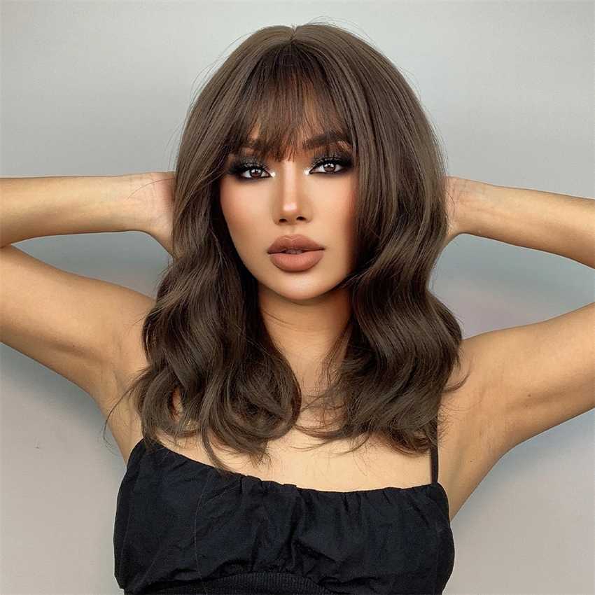 Synthetic Wigs Easihair Brown Wavy Short Bob Wigs for Women with Bangs Synthetic Medium Length Cute Daily Natural Hair Wig Heat Resistant 230227