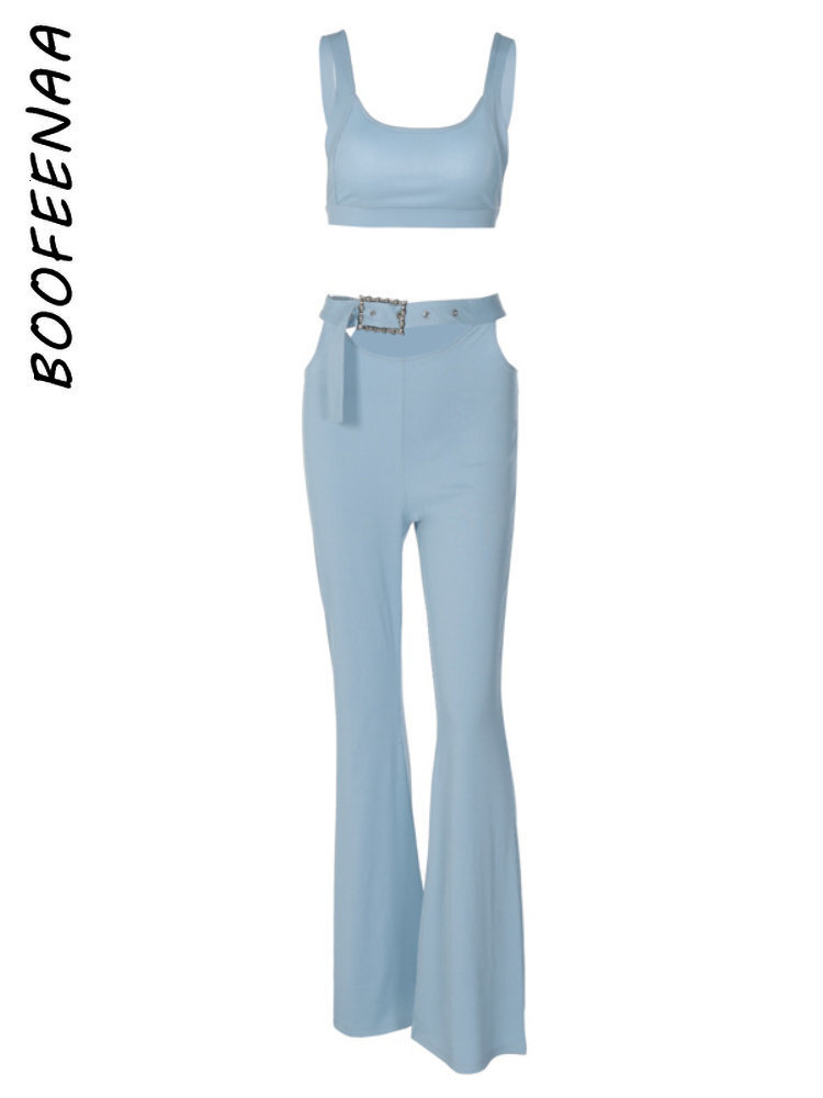 Women s Two Piece Pants BOOFEENAA Blue Ribbed Cut Out Belted Flare 2 Set In Matching Sets 2023 Summer Baddie Outfits for Woman C16 DC39 230407