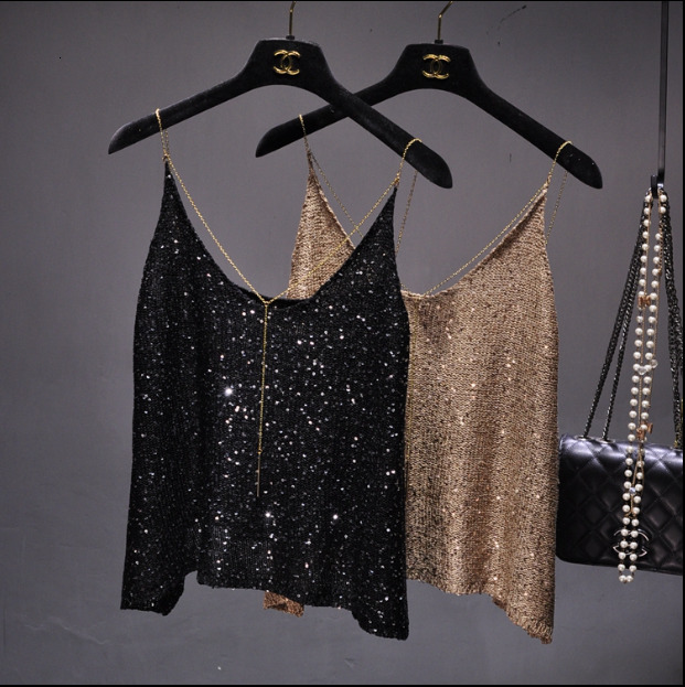 Camisoles Tanks Summer Spaghetti Strap Sequin V-neck Tank Top Metal Chain Sexy U-shaped Back Top Girls' Casual Loose Tank Top Coat 230407