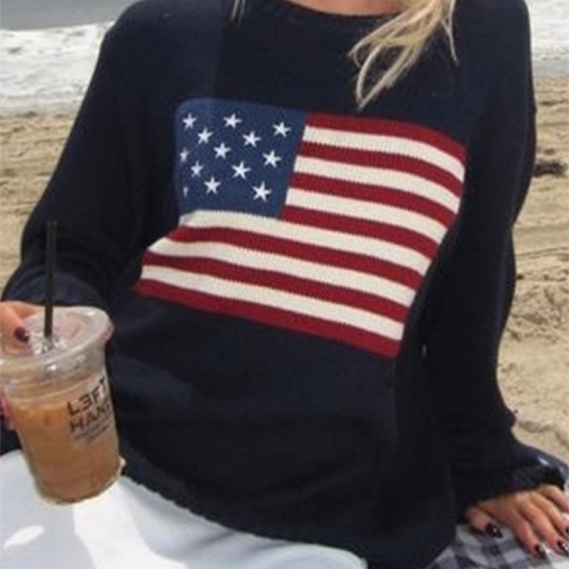 Women s Sweaters Y2K Women Winter Vintage Ladies American Flag Knit Sweater Aesthetics Long Sleeve Oversize Pullover Tops Clothes l231107