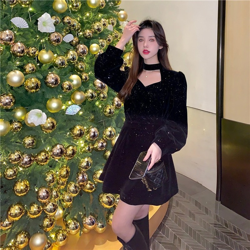 Casual Dresses Red Velvet Elegant Party Mini Dress Women's Sequin Long Sleeve Wram Vintage Dress Women's Casual Korean A-line Dress Year 230