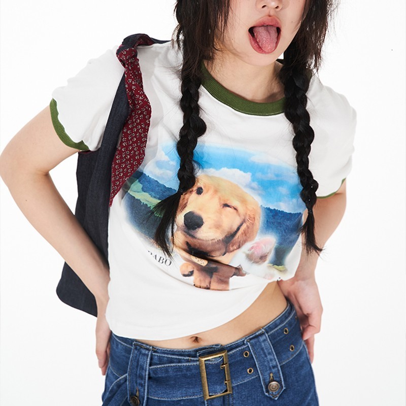 Women s T Shirt Karrram Japanese Harajuku T shirt Kawaii Dog Print Patchwork Short Sleeve Tee Shirt E girls Y2k Aesthetics Cute Tops 00s Sweet 230407