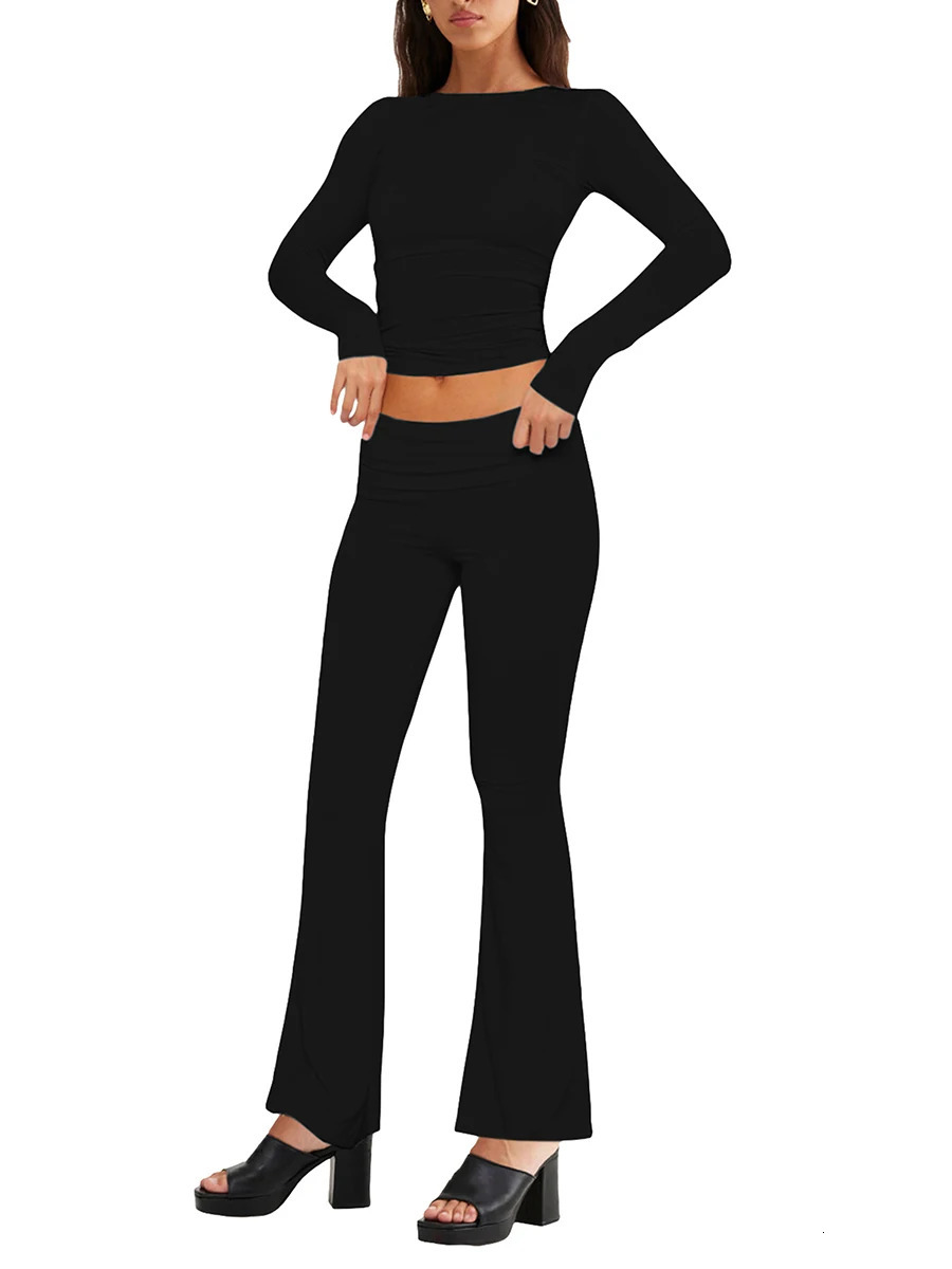 Women s Two Piece Pants Solid Set For Women 2023 Spring Autumn Slim Fits Long Sleeve T shirts Low Waist Casual Tracksuits Outfits Suits 231107