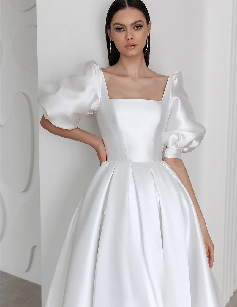 Fashion Square Neck Satin Wedding Dress Puff Sleeve Princess A-Line Bridal Formal Gowns Vestidos De Novia