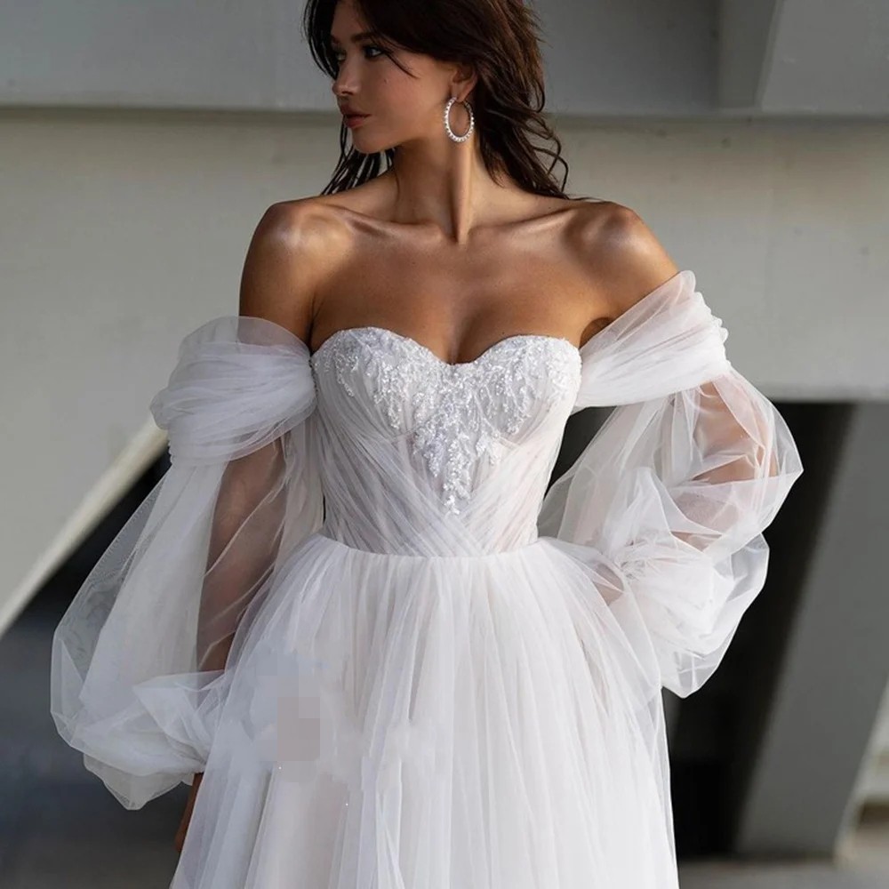 Sexy Beach Sweetheart Wedding Dress Embroidery Lace High Side Split Detachable Sleeves Boho A-Line Bride Gown Backless Tulle Button Train