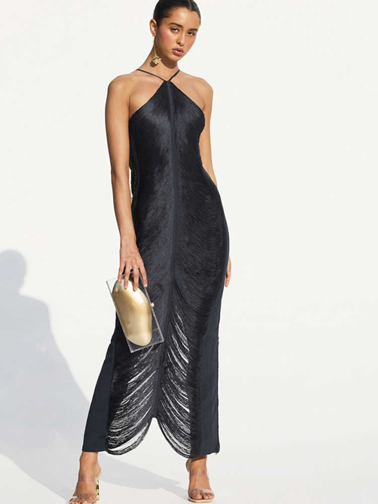 Casual Dresses Sexy Tassel Halter Long Dress Women Pink Y2K Fringe Backless Bodycon Party Dresses 2022 Summer Cut Out Sleeveless Lady Vestidos P230407