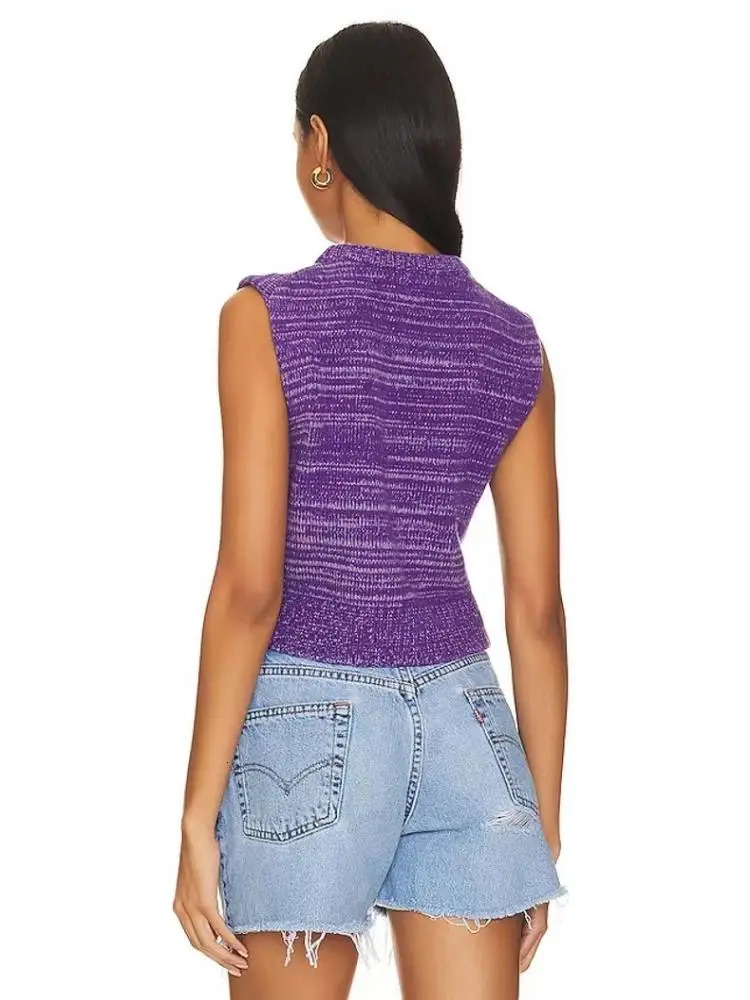 Women s Sweaters Fashion Ladies Round Neck Sleeveless Knit Tank Top 2023 Yellow Print Purple Short Vest Summer Versatile 231107