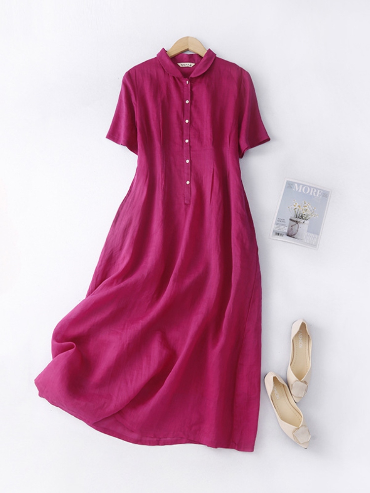 Casual Dresses Summer Women's Dress Cotton Linen Waist Thin White Polo Neck Short Sleeve Medium Length Warm Literature Long Sleeve 230407