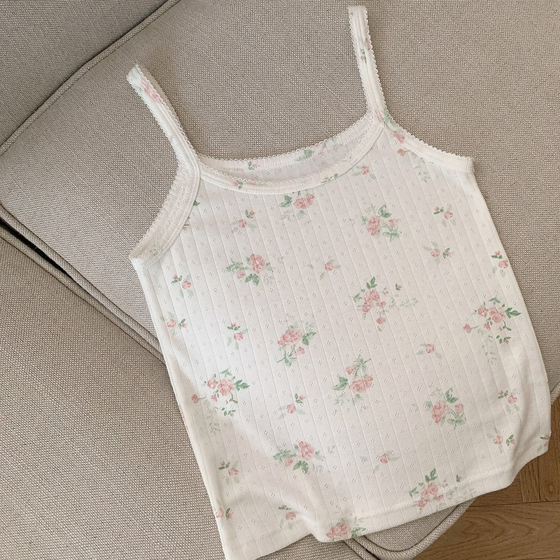 Camisoles Tanks Cotton Crop Top Women Summer Camis Floral Knitted Camis Hollow Out Cute Tops Sweet Girl Lolita Style Aesthetic Kawaii Clothes 230421