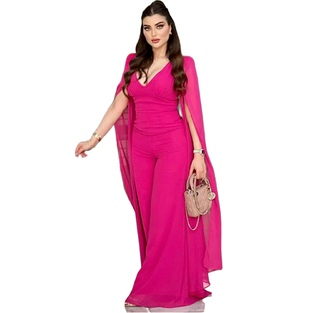 Elegant Arabic Fuchsia Women Jumpsuits Prom Dresses 2024 Cape Sleeves V-Neck Formal Party Gowns Simple Chiffon Evening Occasion Wear